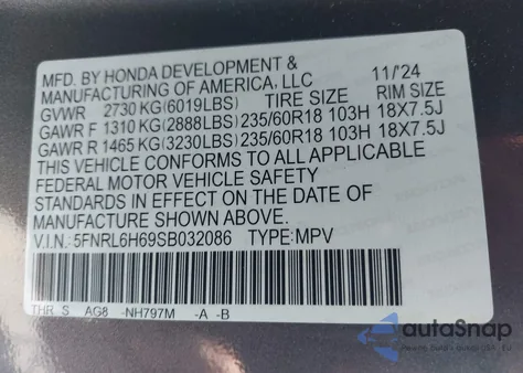 2025 Honda Odyssey Ex-L z USA, uszkodzony, nr VIN 5FNRL6H69SB032086
